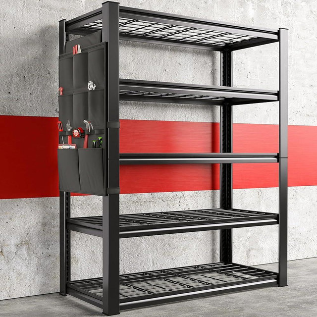 REIBII Garage Shelving Heavy Duty Load 2000LBS Garage Storage Shelves with Bag 5 Tier Adjustable Metal Storage Shelving for Gagrage Shelves Storage Rack Industrial Shelf, 66''H X 38''W X 15.7''D