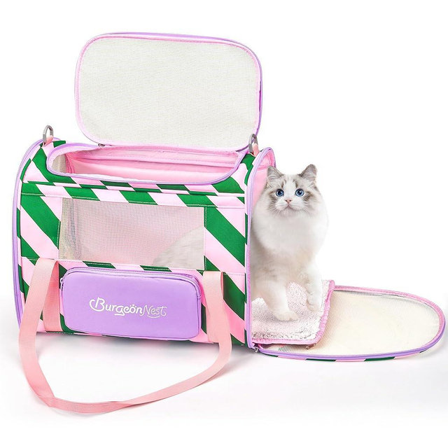 BurgeonNest Cat Carrier, Dog Cat Carriers for Large Medium Cats Under 20 lbs, Soft Sided Pet Carrier, Collapsible Travel Carry Puppy Kitten Cat Carrier with Big Side Bag (Medium, Pink-Green)