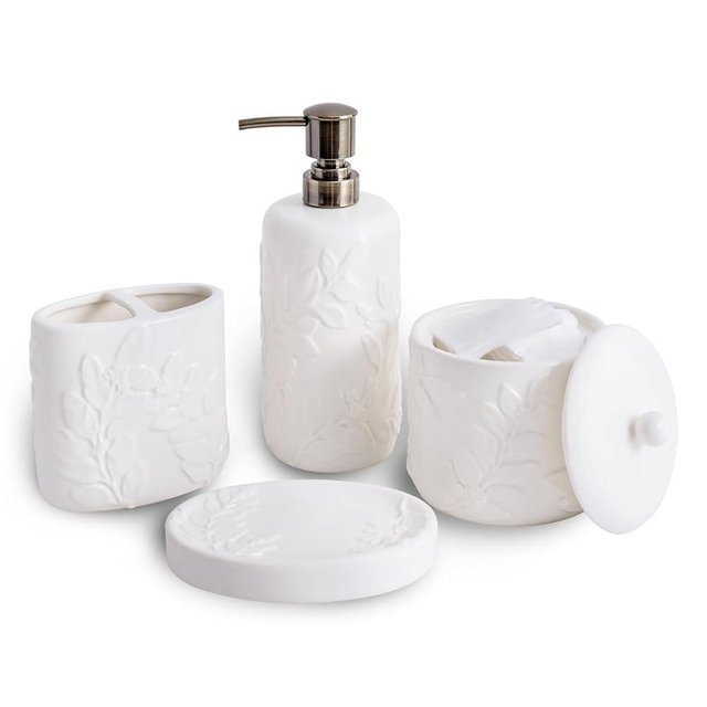 Bathroom Accessories Set, 4-Piece Ceramic Bath Accessory Complete Set with 3D Leaf Design Lotion Dispenser, Cotton Jar, Soap Dish, Tumbler (White)