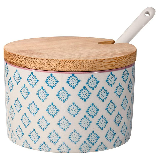 Bloomingville Sugar Bowl Patrizia with Bamboo Lid/Spoon blue