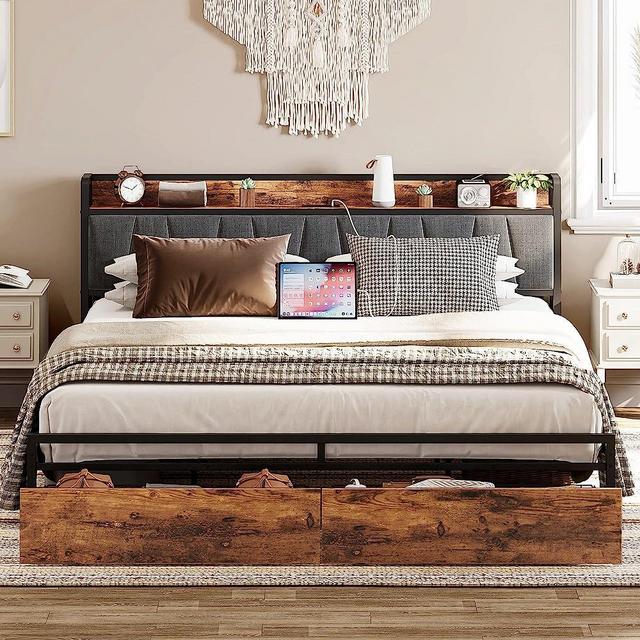 LIKIMIO King Size Bed Frame, Storage Headboard with Charging Station, Platform Bed with Drawers, No Box Spring Needed, Easy Assembly, Vintage Brown and Gray