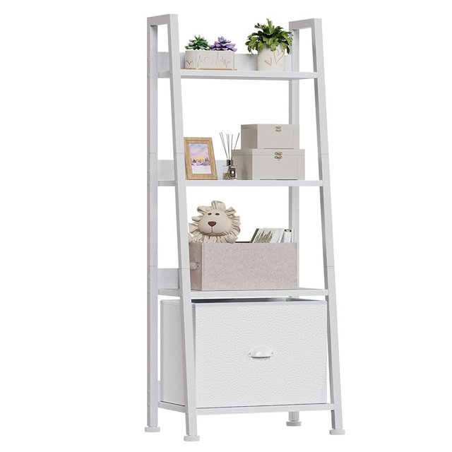 Furologee 4-Tier White Ladder Shelf, Ladder Bookshelf with Removable Drawer, Bookcase Storage Rack Organizer, Freestanding Storage Shelves for Living Room, Home Office, Bedroom