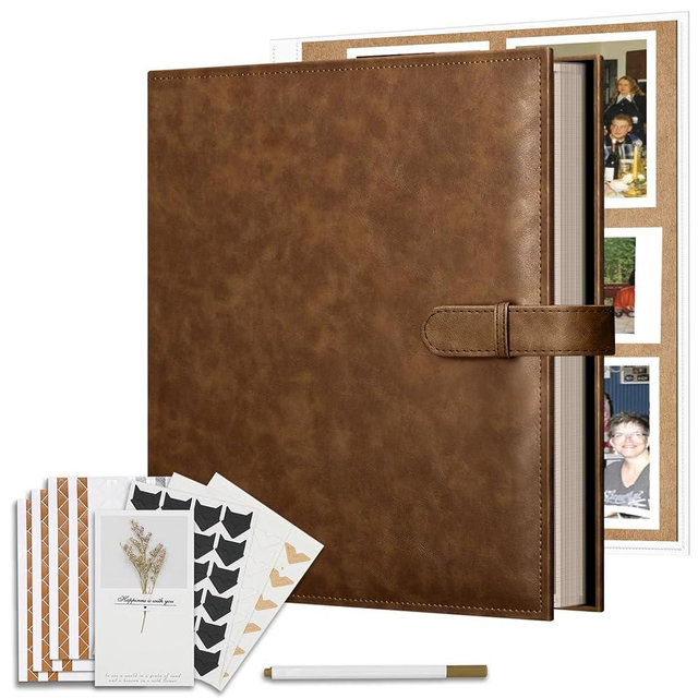 Vienrose 13x11 Inch 3 Ring DIY Scrapbook Album Gift Set, Faux Leather Cover Blank Scrapbooks Photobook with 30 Plastic Sleeves 60 Kraft Pages for Gift Wedding Family Anniversary DarkBrown