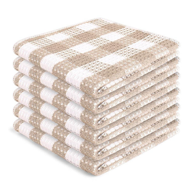 Blue Needles Waffle Weave Check Plaid Dish Cloths, 12x12 Inches 100% Cotton Set of 6 Dish Towels for Kitchen, Ultra Soft & Absorbent Kitchen Towels for Quick Drying Spring Summer - Beige & White