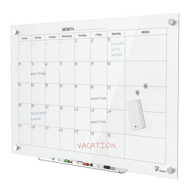TOWON 47 x 35 Inch Glass Dry Erase Board, Magnetic Whiteboard Calendar, Monthly Planner Set, White