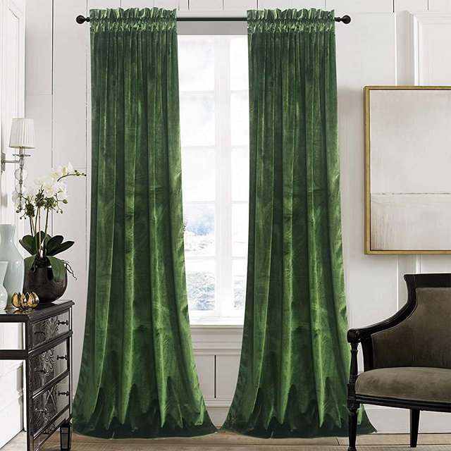 Roslynwood Velvet Curtain Panels Moss Green Room Darkening Window Super Soft Luxury Drapes for Bedroom Thermal Insulated Rod Pocket Curtain for Living Room (2 Panels, 52 by 63 Inch)