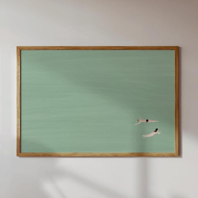 Couple Floating in Pool Horizontal Pale Green Swimming Pool Wall Art | Summer Pool Print Minimalist Beach House Art Unframed Physical Print