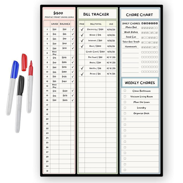 Magnetic Dry Erase Budget Planner and Bill Organizer | 10" x 14" Whiteboard Calendar for Wall or Fridge | Monthly Bill Tracker, Chore Chart, and Family Organizer | Dry Erasable Markers Included