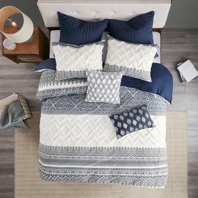 King/California King 3pc Mila Cotton Printed Duvet Cover Set with Chenile Navy