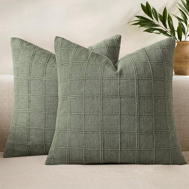 Woaboy Linen Check Throw Pillow Covers Set of 2 - Light Olive Green Farmhouse Modern Boho Vintage Decorative Cushion Covers Spring Home Decorfor Sofa Couch Bedroom Living Room 20x20 Inch