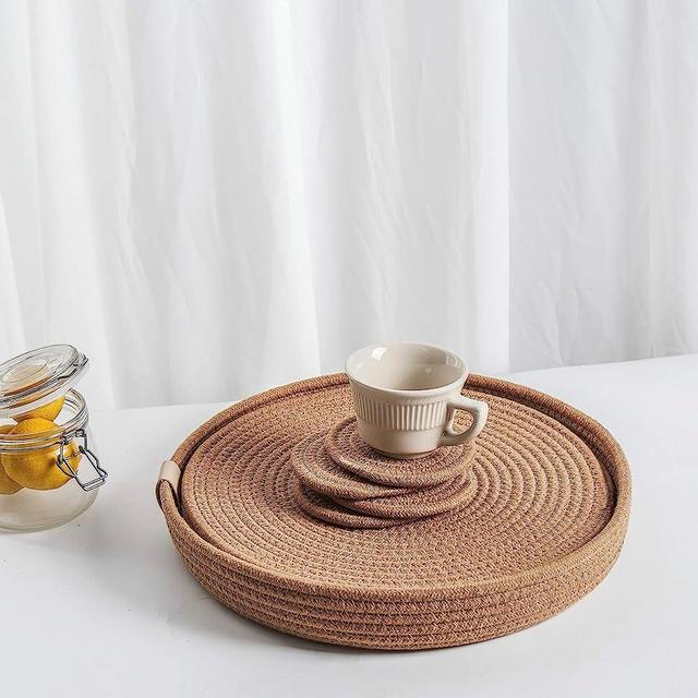 Art PineCone's 13-inches Woven Cotton Rope Round Placemats Set of 4 with Holder Included, Non-Slip and Heat Resistant for Your Perfect Table Decor!(13“ Plus Coaster, Beige)
