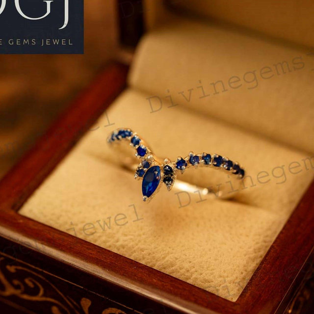 Sapphire Curved Wedding Band Elegant Crown Sapphire Matching Ring Vintage Personalization Stackable Jewelru Promising Ring Gift For Love