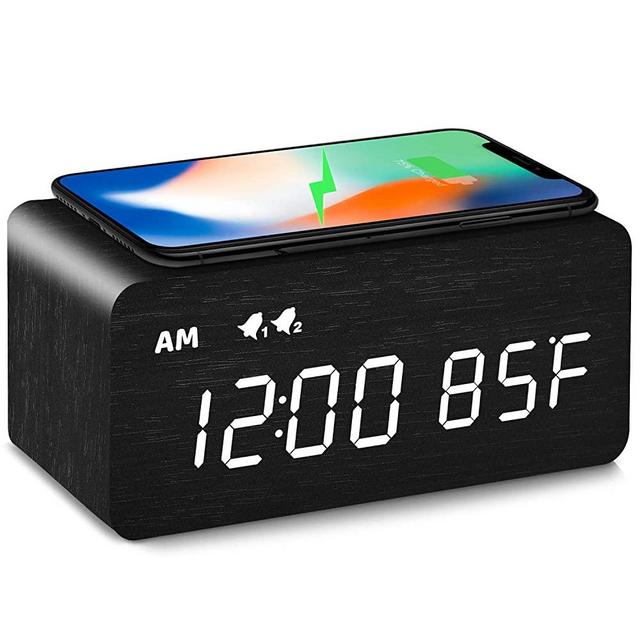 MOSITO Digital Wooden Alarm Clock with Wireless Charging, 0-100% Dimmer, Dual Alarm, Weekday /Weekend Mode, Snooze, Wood LED Clocks for Bedroom, Bedside, Desk, Kids (Black)
