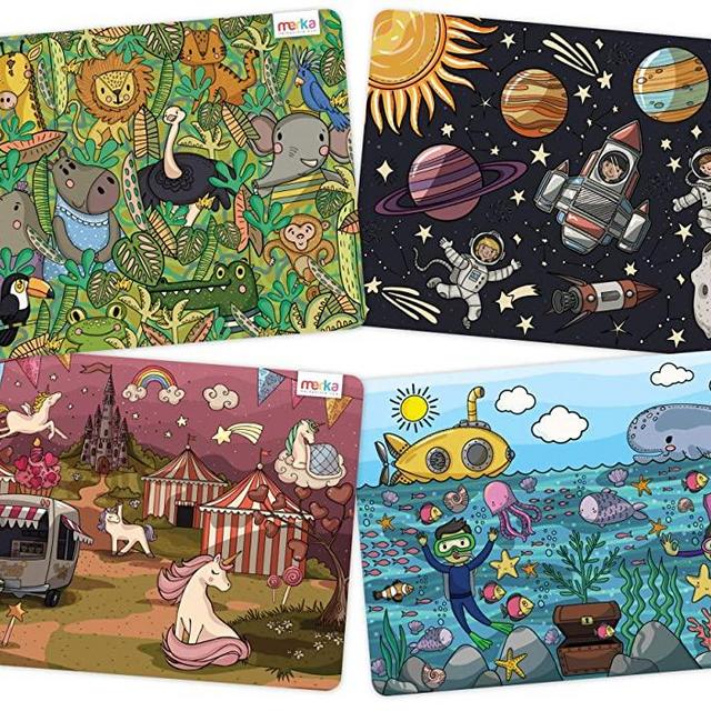merka Kids’ Educational Placemats: Ocean, Space, Jungle & Unicorns; Non-Slip, BPA-Free Plastic Mats for The Kitchen, Dining, or Classroom Table; Set of 4 Mats, Great for Children 2 to 8 Years of Age