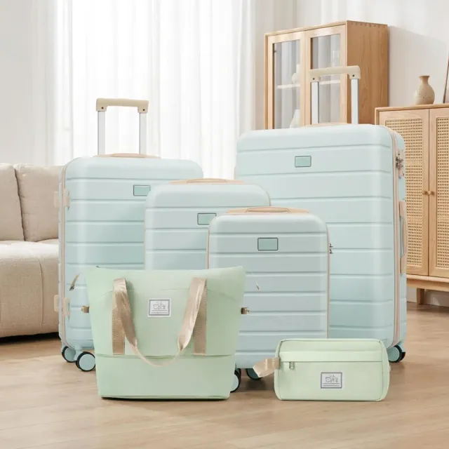 Polibi Hardside Luggage Set of 6, 16"/20"/24"/28" Spinner Suitcases, Expandable Travel Bag and Toilletry Bag, Grey Green