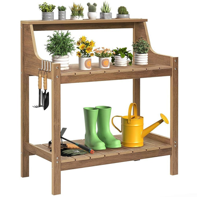 ONBRILL Potting Bench Table, HDPS Potting Bench with 4 Side Hooks, All-Weather Garden Table Work Station, Outdoor Potting Table for Porch, No Rust, No Fade, No Break, 360lbs Capacity (Teak, Large)