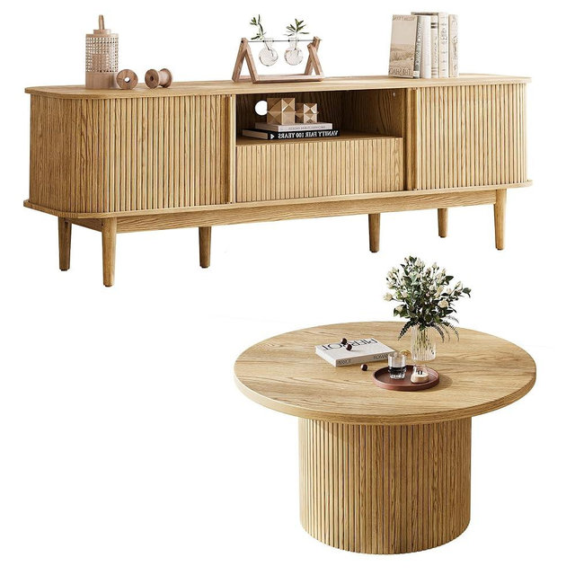 MAISONARIA Living Room Table Sets of 2, Fluted Coffee Table & Dresser TV Stand, Coffee Table with Storage, Sliding Doors TV Stand for Bedroom, Living Room (Natural)