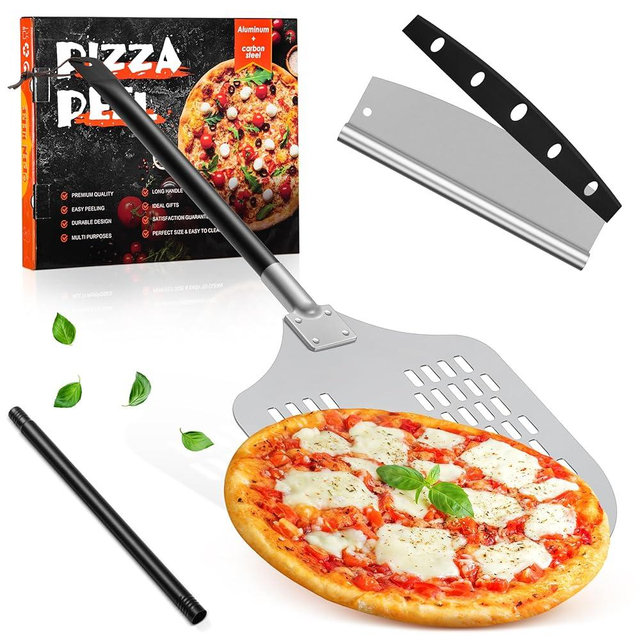 12" Perforated Pizza Peel with Pizza Cutter, Leonyo Aluminum Pizza Turning Peel with Long Adjustable Handle, Lightweight & Non-Stick Tools for Baking Bread