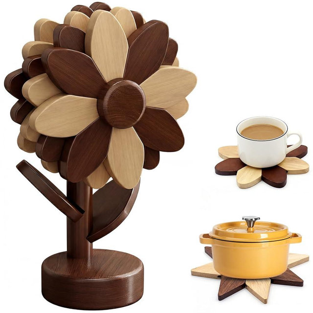 Cycayit 5 Sunflower Wooden Trivets for Kitchen Table - Beech Wood Heat Resistant Foldable Trivet Mats Set for Hot Pots Pans Bowls Dishes Teapots, Tree-Shaped Stand Holder Storage(Walnut & Beech Wood)