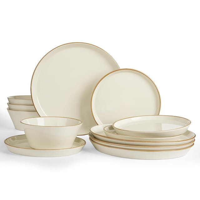 Famiware Saturn Dinnerware Sets, 12 Piece Dish Set, Plates and Bowls Sets for 4, Microwave and Dishwasher Safe, Scratch Resistant, Vanilla White with Brown Rim