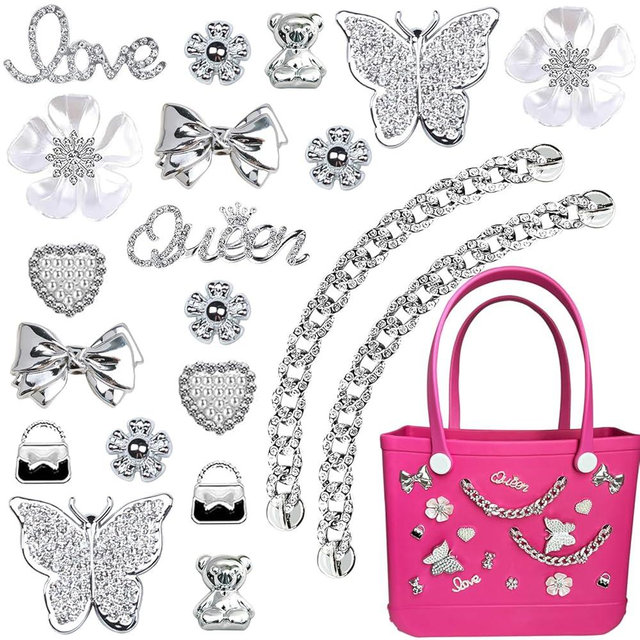 Everfunny Charms for Bogg Bag,Pearls,Butterfly Flowers and Chain for Bogg Bag Accessories Charms(20 pcs)