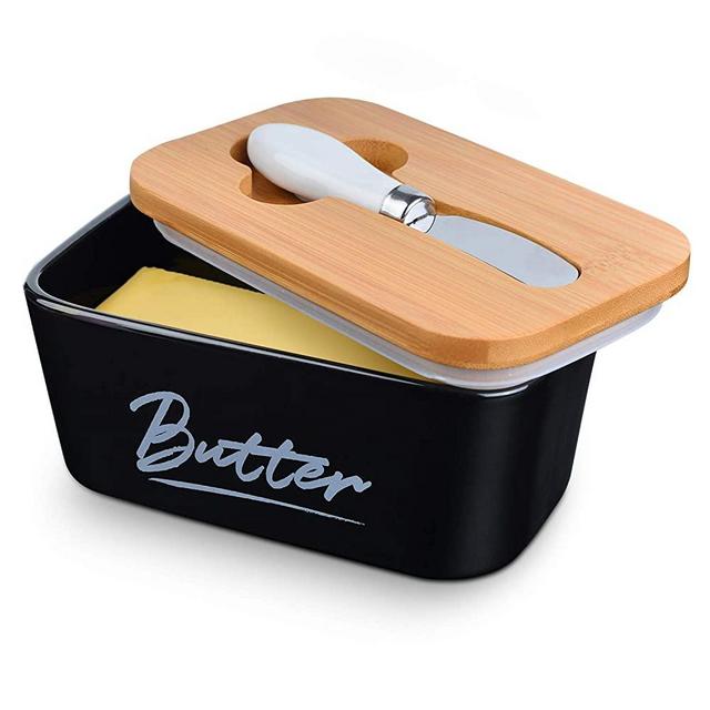 Ceramic Butter Dish with Bamboo Lid for Countertop,Large Butter Keeper with Knife,Porcelain Butter Holder and Container,perfect for East West Coast Butter,Black