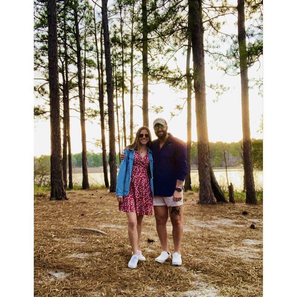 Sunset bonfire and cold brews at Mott Lake in Southern Pines, NC