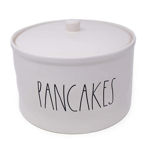 Rae Dunn By Magenta PANCAKES Ceramic LL Pancake Flatjack Warmer Holder With Lid