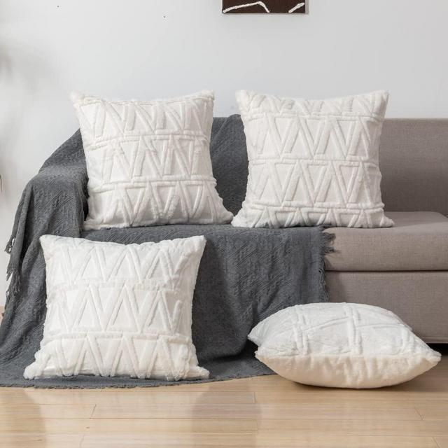 Junfawn Decorative Throw Pillow Covers 18x18 Set of 4 for Sofa Couch Bed, Soft Faux Short Wool Velvet Boho Cushion Covers for Living Room Decor, White