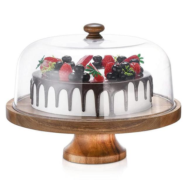 Cake Stand with Dome,11.8" Round Acacia Wood Cake Plates with Acrylic Lid Cloche,Dessert Server Tray with Cover for Wedding Party Dinner