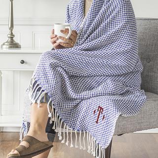 Personalized Blue Herringbone Cotton Throw