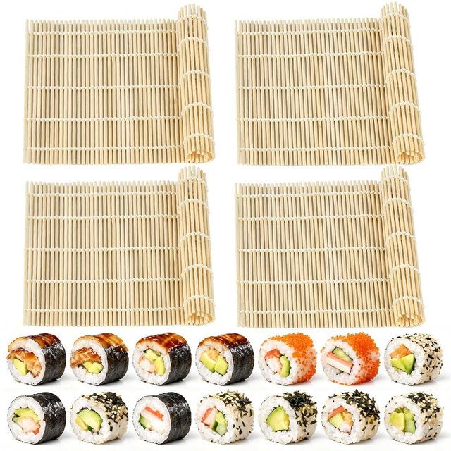 YEAJOIN 4 Pcs Bamboo Roll Sushi Mat, Sushi roll maker for Kimbap Sushi Maki Rolls, Easy Homemade (9.5" x 9.5")