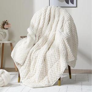 Wemore Fleece Weighted Blanket for Adults (60" x 80" 15lbs, Cream White), Dual Sided Cozy Soft Sherpa Heavy Blanket with 3D Imitation Turtle Shell Warm Jacquard Flannel for Couch and Bed