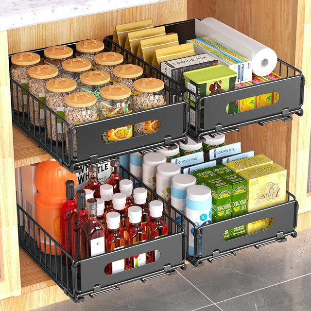 NECHEGI Pull Out Cabinet Organizer, 4 Pack Heavy Duty Slide Out Drawers Pantry Shelves Fixed With Strong Adhesive Glue and Handle for Kitchen, Living Room, Bathroom, Home (14.8" D X 9.6" W X 3.9" H)
