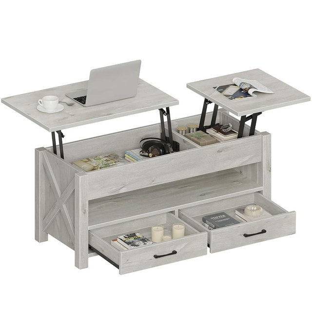 Seventable Coffee Table, 39.3" Lift Top Coffee Table with 2 Storage Drawers and Hidden Compartment, Retro Center Table with Wooden Lift Tabletop for Living Room, Gray