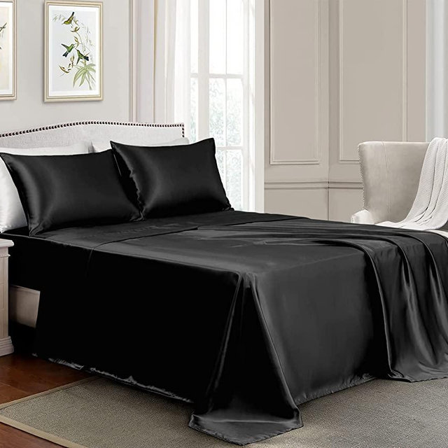 GOLAL Satin Sheets Queen Size - 4 Pieces Luxury Silky Soft Bed Sheets, Wrinkle-Free Black Satin Silk Sheet Set with 1 Deep Pocket Fitted Sheet, 1 Flat Sheet, 2 Pillow Cases