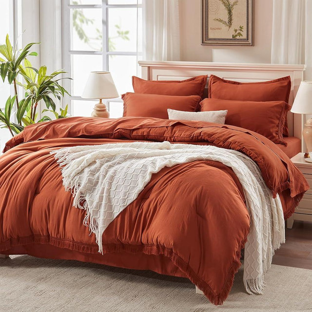 Andency Queen Comforter Set with Sheets Burnt Orange - 7 Pieces Boho Tassel Bed in a Bag Soft Lightweight Bedding Sets, Terracotta Rust Fringe Bed Set with Comforter, Sheets, Pillowcases & Shams