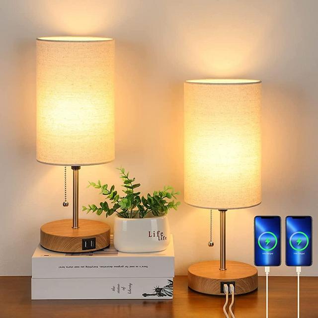 Set of 2 Table Lamps with 2 USB Ports, Modern Bedside Lamps, Desk Lamps with Pull Chain, Nightstand Lamps with Cream Fabric Shade and Wood Color Base for Living Room Bedroom Office Reading Dorm Hotel