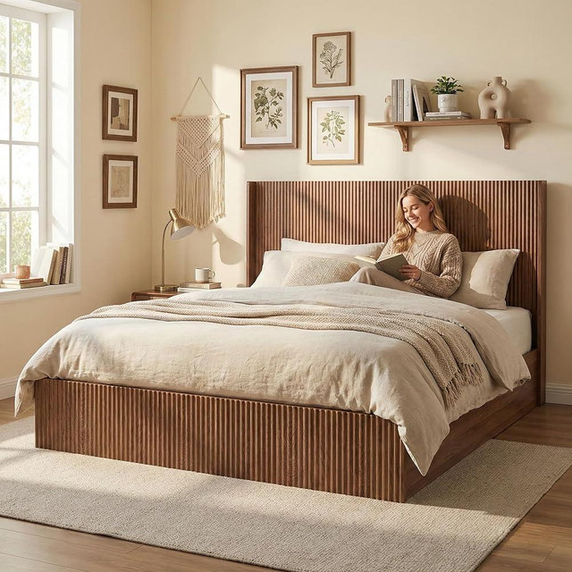 MoproBeti Lift Up Storage Bed King, Mid Century Hydraulic Lift King Storage Bed with Raised Wingback Headboard, Space Saving Storage, Heavy Duty Steel & Wood Slats,No Box Spring Needed,Natural