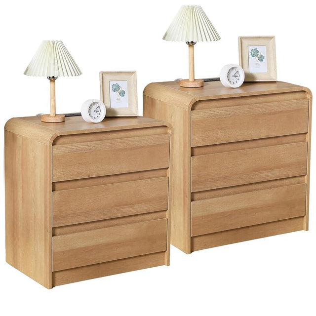 HtThalamic Modern Nightstands Set of 2, Oak Night Stand with Charging Station, Wood End Table with 3 Drawers, 23.6'' Wide Bedside Cabinet for Bedroom