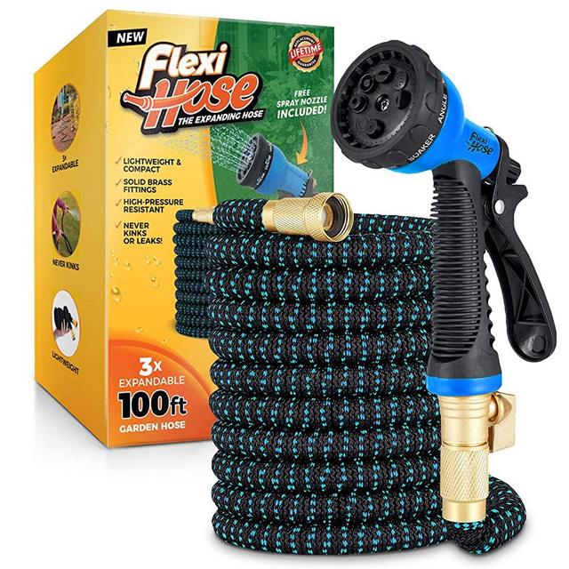 Flexi Hose with 8 Function Nozzle, Lightweight Expandable Garden Hose, No-Kink Flexibility, 3/4 Inch Solid Brass Fittings and Double Latex Core