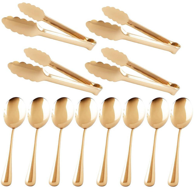 12PCS Stainless Steel Serving Utensils Sets with 8 Large Serving Spoons,4 Serving Tongs,Gold Serving Utensills Sets for Buffet Catering Banquet Party (Gold)