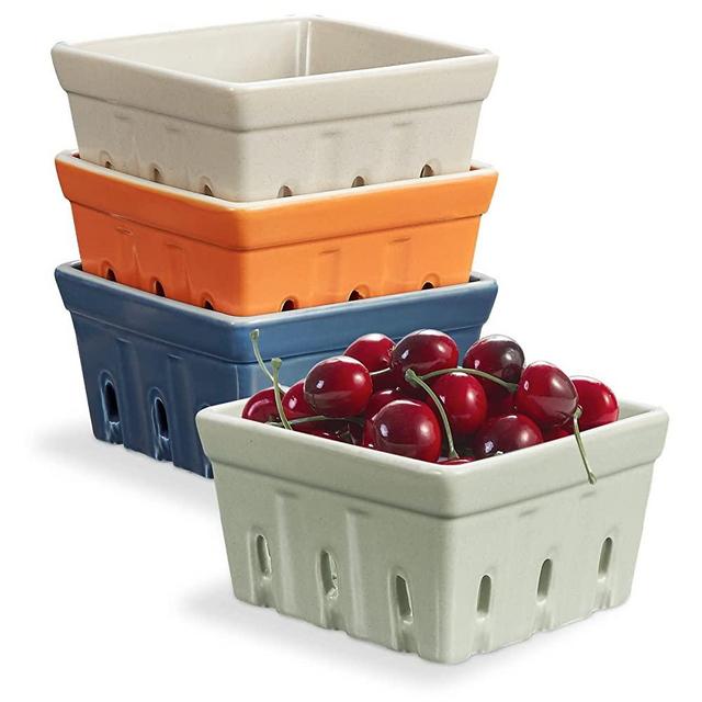 ONEMORE Ceramic Berry Basket, Rustic Stoneware Berry Bowls Colander, Square Fruit Bowls for Kitchen Décor Set of 4, Assorted Color