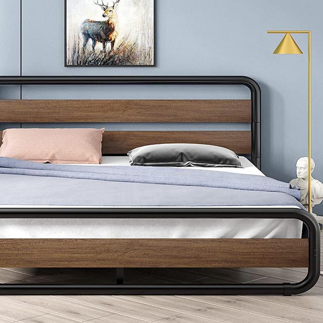SHA CERLIN Queen Size Bed Frame with Wooden Headboard ,Footboard, Heavy Duty Oval-Shaped Platform Bed with Under-Bed Storage,Noise Free, No Box Spring Needed, Walnut