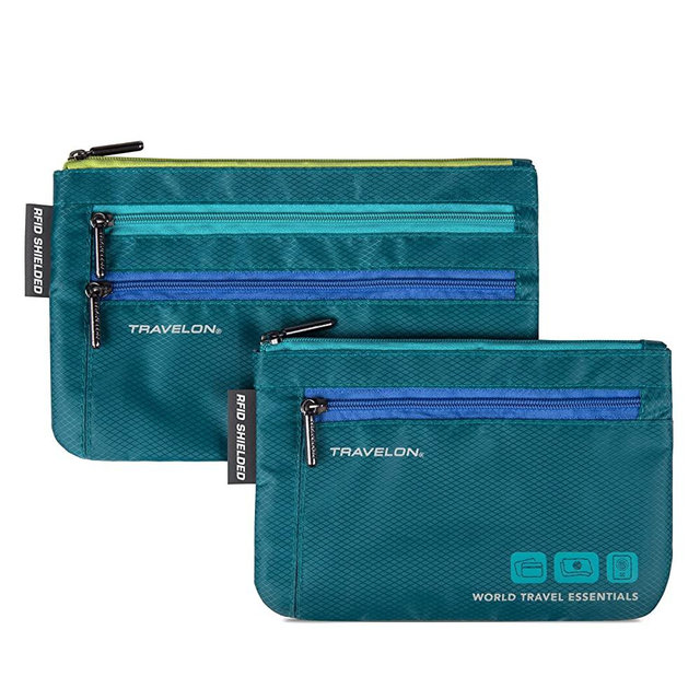 Travelon World Travel Essentials Set of 2 Currency and Passport Organizers, Peacock Teal, One Size
