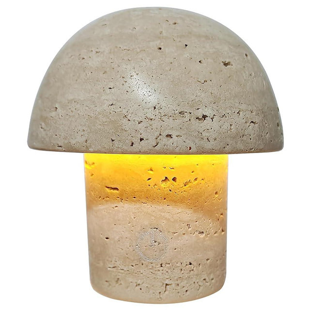 Natural Stone Mushroom Lamp - Handcrafted Travertine Night Light, Rechargeable with Type-C, Dimmable LED Accent Light for Bedroom & Living Room