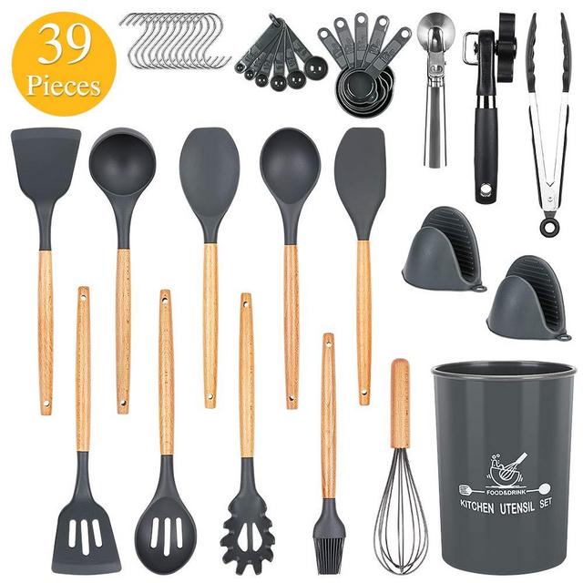 Docgrit Kitchen Utensil Set- 39 PCs Cooking Utensils with Oven Mitts, Ice Cream Scoop, Can Opener, Spoon Spatula &Turner Made of Heat Resistant Food Grade Silicone and Wooden Handle