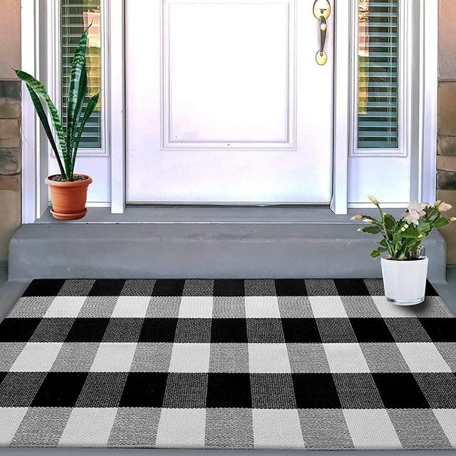 VUDECO Buffalo Plaid Rug 23.5" x 52” Black and White Kitchen Rug Check Front Door Mat for Home Decor Indoor & Outdoor Laundry Bathroom Sitting Room Porch Farmhouse Entryway Layering Mats Checkered