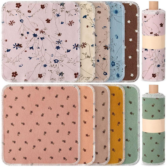 Redbaker 50 Pcs Reusable Paper Towels Paperless Reusable Cotton Cloths Toilet Absorbent Washable Paper Towels with Roll Kitchen Dishcloth for Kitchen Paperless Dishcloths(Little Flower)