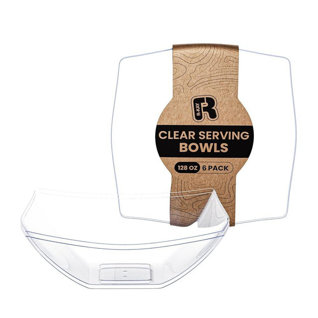 R-kay 6 Pack Extra Large Square Serving Bowl - 128 Ounce Plastic Serving Bowls For Entertaining - Clear Plastic Bowls For Salads And Snacks - Disposable bowls For All Occasions